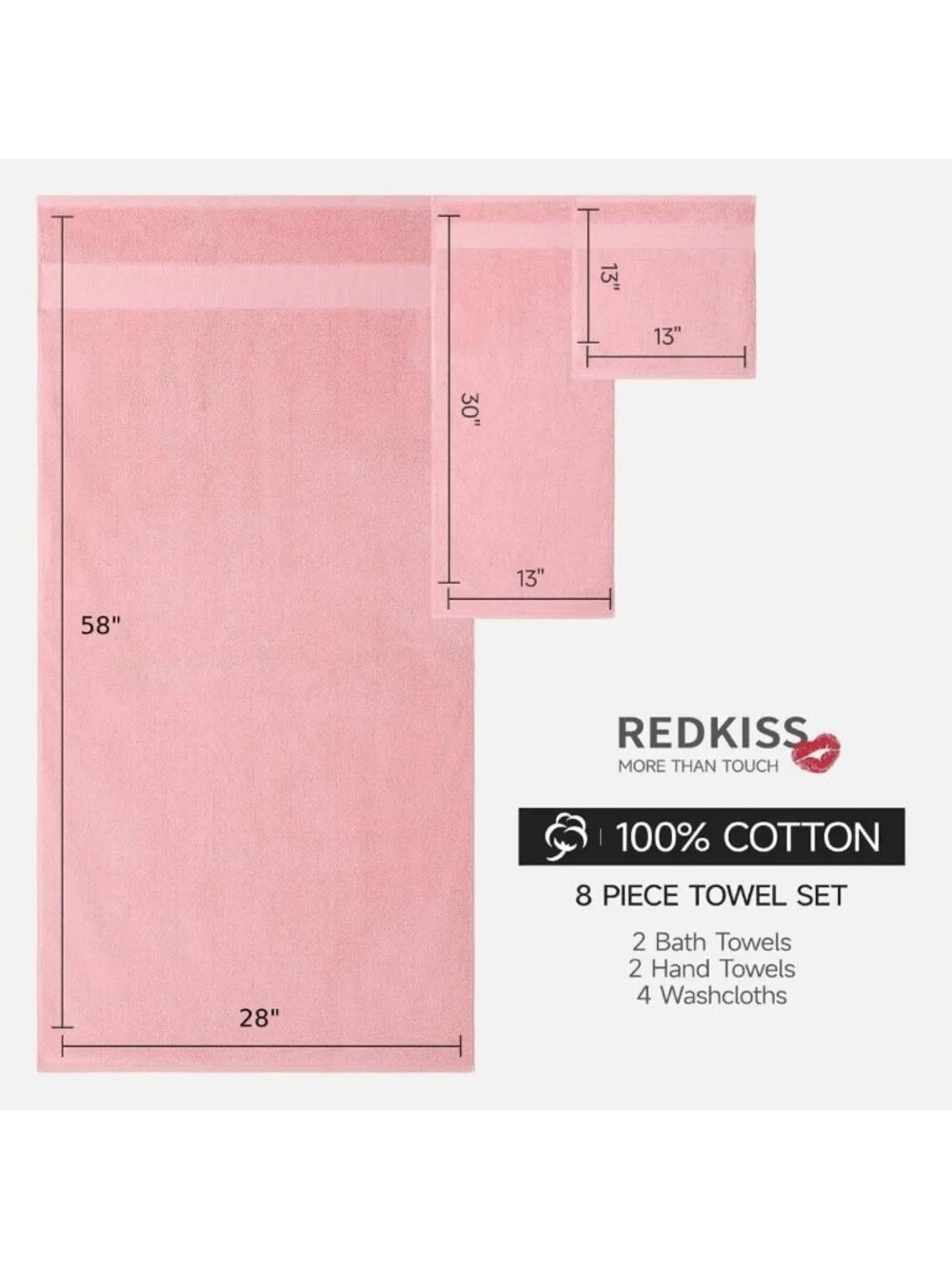 Luxury Pink Towel Set of 8 - 100% Cotton, Highly Absorbent Bath Towels for